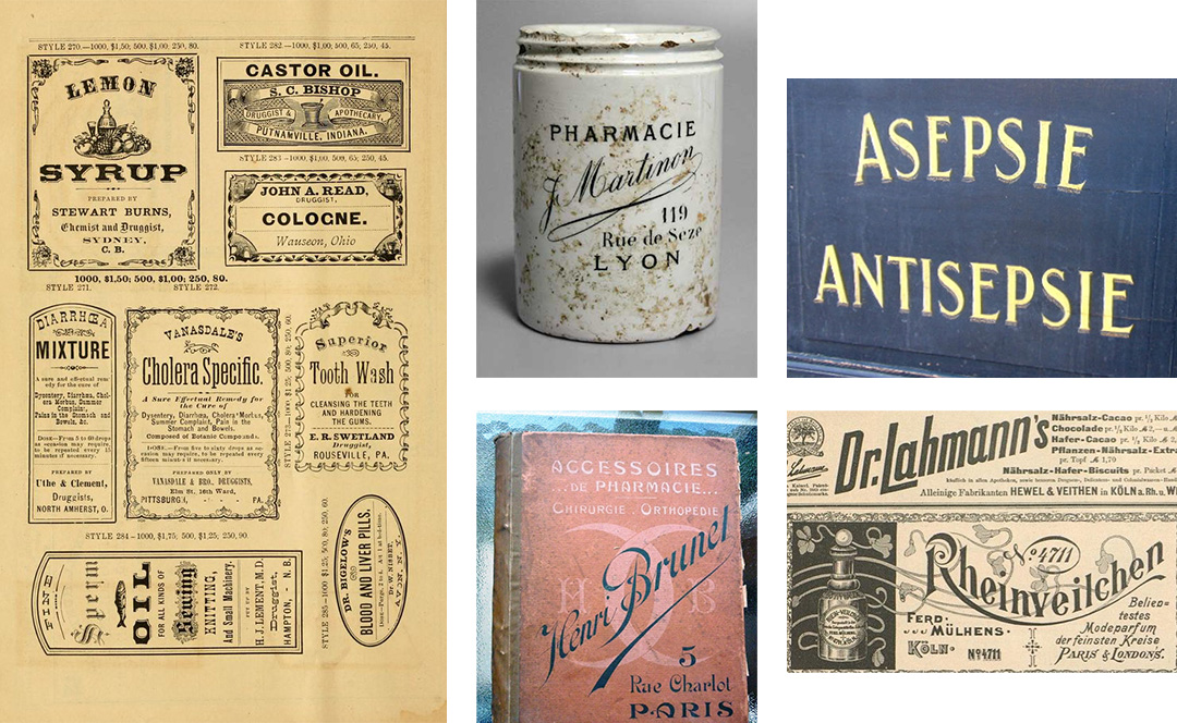 différentes sources d'inspirations issue des métiers de la pharmacie et des officines du début du siècle qui ont permis de réaliser ce lettrage sur mesure en capitales