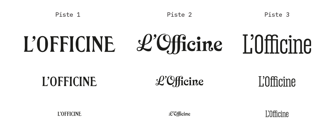différents tests de logos réalisés pour L'Offcine logo de collection de livres, dans des styles variées : mécane, typo scripte ou typographie incise