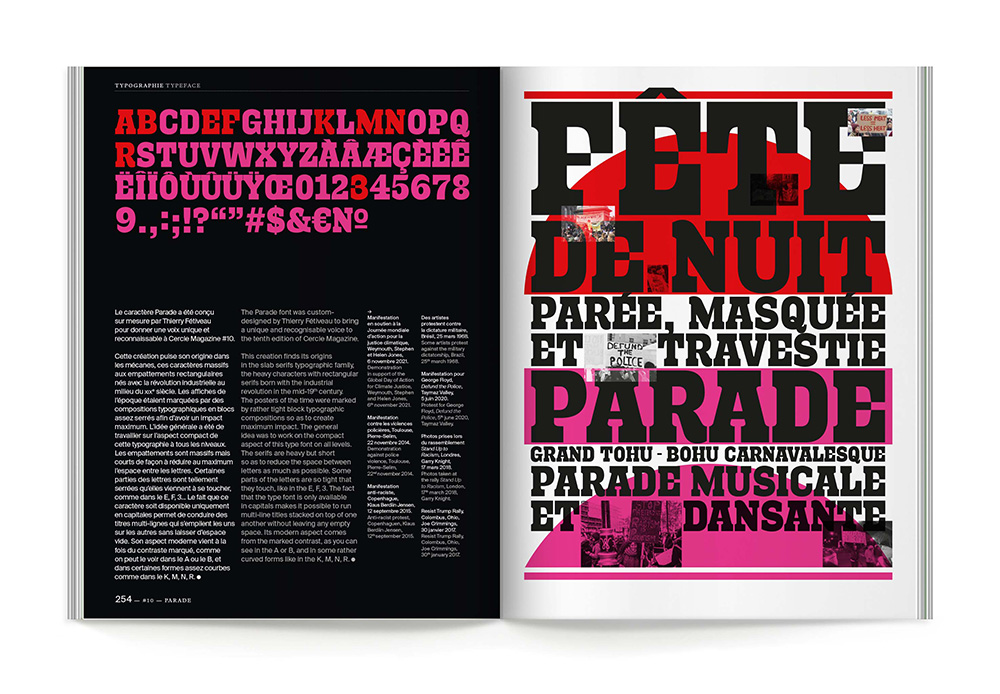 double page du magazine Cercle créé par Cercle Studio à Strasbourg sur le thème de la Parade ça présente la police de caractères créée sur mesure