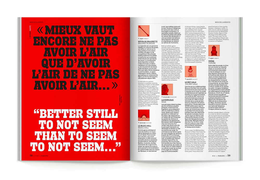 double pages magazine Cercle citation texte en exergue en français et anglais avec une typographie dessinée sur mesure ou custom typeface