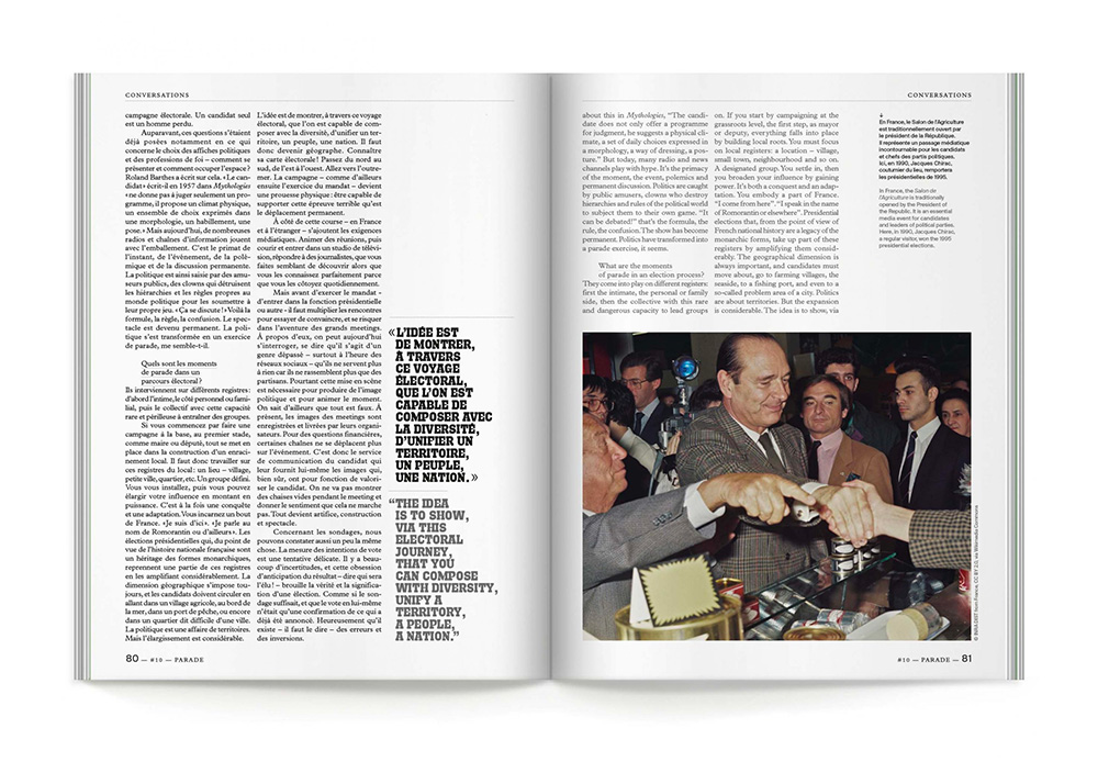 double pages du magazine Cercle montrant une photo de Jacques Chirac et la typographie Parade créée sur mesure pour ce projet de design éditorial du studio de design Cercle